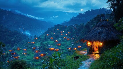 Charming Village Houses Dotting Lush Mountain Slopes at Night