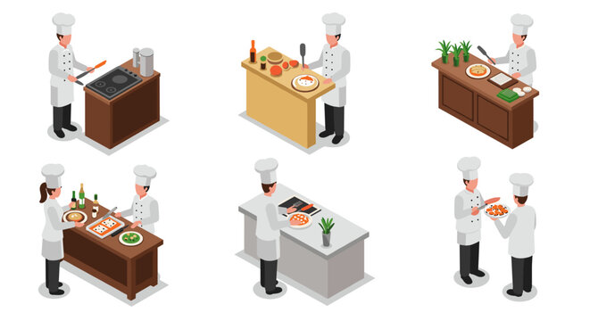Isometric chefs cooking and preparing food in various kitchen settings