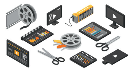 Isometric video editing tools and media elements for digital production