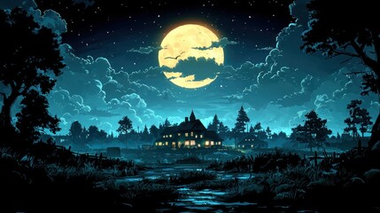Majestic House Under Moonlit Sky with Stars and Cloudy Night
