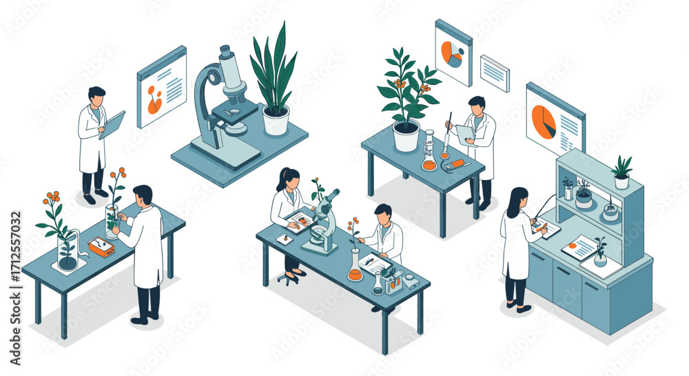Poster isometric laboratory scenes with scientists conducting experiments in modern research setting