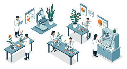 Isometric laboratory scenes with scientists conducting experiments in modern research setting