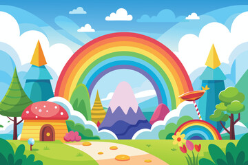 Vector art of colorful cartoon landscape with rainbow and trees, concept of fantasy world