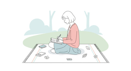 Girl Writing Outdoors: Simple Illustration Depicting Tranquility  And Leisure Time