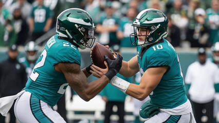  A professional American football player receives a handoff from his white teammate on the field. This image represents teamwork, collaboration, and diversity in sports.
