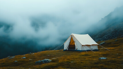 Solitary Tent on a Misty Mountain Slope.