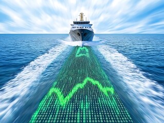 Futuristic Ship Navigating Digital Ocean with Data Visualization of Stock Market Trends in Background
