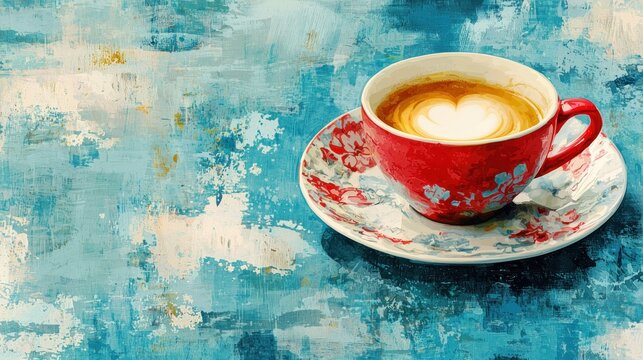 Artistic cappuccino cup on textured table