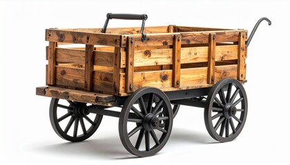 A rustic wooden wagon with black metal wheels and handle rests on a light surface—its slatted frame and aged finish evoke rural utility, crafted heritage, and the quiet rhythm of transport.