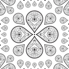 An intricate, symmetrical and seamless vector pattern featuring paisley and lotus flower motifs.This traditional Indian or Mehndi style design is perfect for textiles, wallpaper or as a coloring page.
