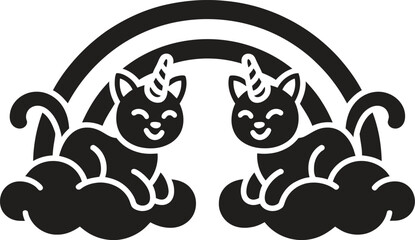Two cute unicorn cats sitting on clouds with a rainbow behind them