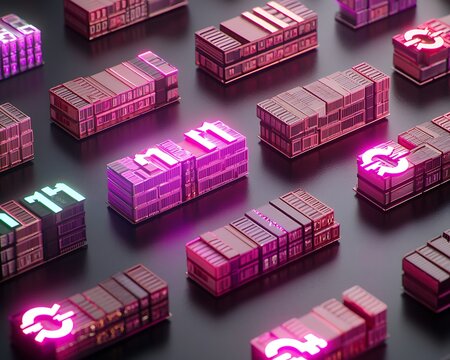 Abstract Arrangement of Colorful Miniature Shipping Containers with Neon Lighting Displayed on a Dark Surface
