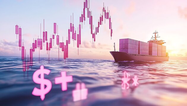 Financial Trading and Shipping Industry Concept with Graph, Dollar Symbols, and Container Ship at Sunset
