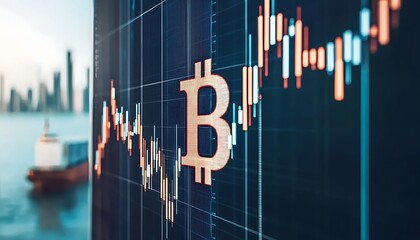 Modern Cryptocurrency Trading Chart Visualization with Bitcoin Symbol and Financial Market Data in the Background