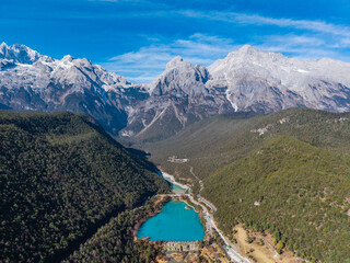 Aerial view of the Blue Moon Valley in Yulong Snow Mountain, Lijiang, Yunnan Province