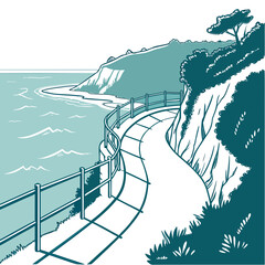 Vector art of winding coastal road illustration with a scenic view of the sea and cliffs, featuring a protective railing, lush vegetation, and a tranquil atmosphere, perfect for travel posters © MST RAMIJA