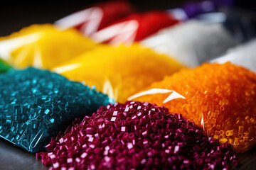 Array of colorful masterbatch granules presented with smooth plastic sheets