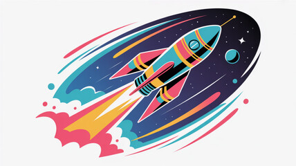 Fototapeta premium Cartoon rocket ship launching into space vector illustration for kids and space exploration enthusiasts