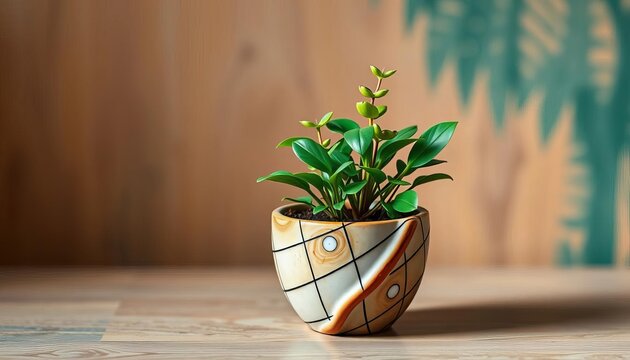 Ceramic pot shaped as a cartesian coordinate graph, holding a vibrant green plant,  y-axis,  photography