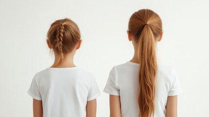 Two young girls with long hair are standing next to each other