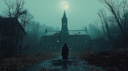 Man Standing Before Abandoned Asylum Building Under Full Moon