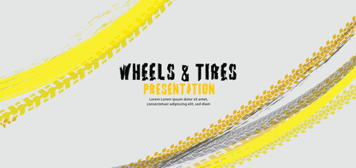 Yellow and gray tire tread marks on light background,