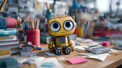 Adorable yellow robot sitting on messy desk amongst books, supplies, and calculator for study