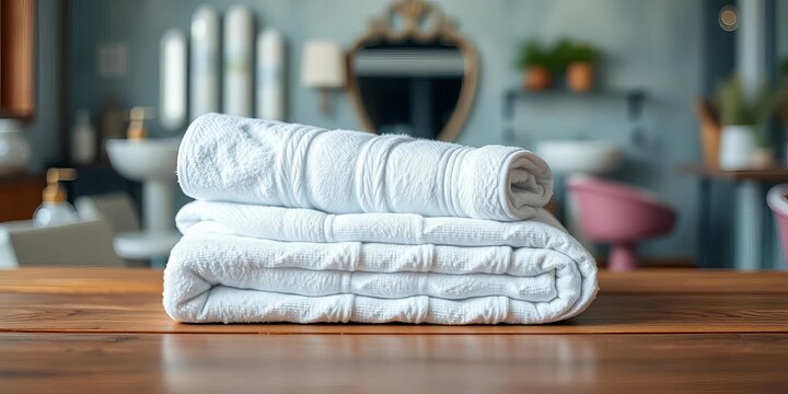 Clean white towels folded on wooden table, blurred salon backdrop,  background,  design - Powered by Adobe