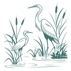 Vector art of graceful monochrome vector illustration of two herons standing in water surrounded by reeds and cattails, creating a peaceful and natural scene