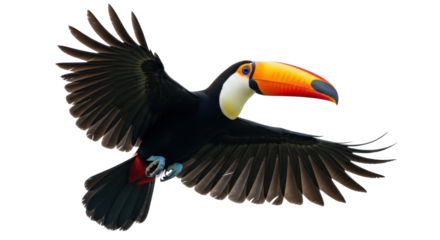 Isolated Toco Toucan gracefully soars in flight, showcasing its stunning orange beak and plumage
