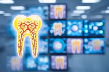 Digital illustration of tooth anatomy with nerves and blood vessels in front of medical monitoring screens in clinic