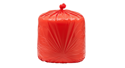 Isolated red trash bag full and tied, ready for disposal, on a seamless surface