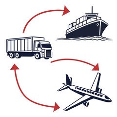 Vector art of global logistics network with truck, airplane and cargo ship showing international delivery and transportation of goods vector illustration