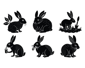 bunny sitting, hopping, jumping, eating, outline vector illustration, pet animal clipart, wildlife shape, Vector of Easter rabbit silhouette vector set 