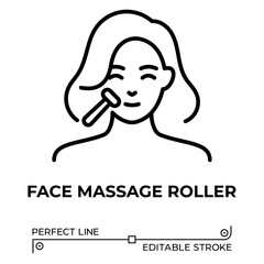 Vector line icon related to face massage roller. Perfect Line. Editable Stroke.