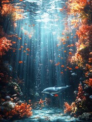 Dolphin Swimming in Coral Reef with Sunbeams and Bubbles Underwater