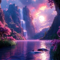 Waterfall and Dolphins in Magical Landscape with Pink Flowers and Sunset