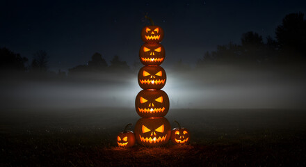 Tower of carved pumpkins glowing in dark foggy Halloween night  