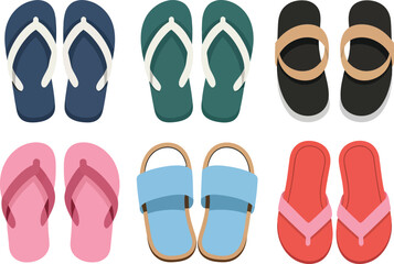 Collection of colorful flip flops and sandals for summer footwear