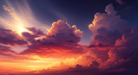 Dramatic sunset sky with vibrant clouds and golden sunlight.