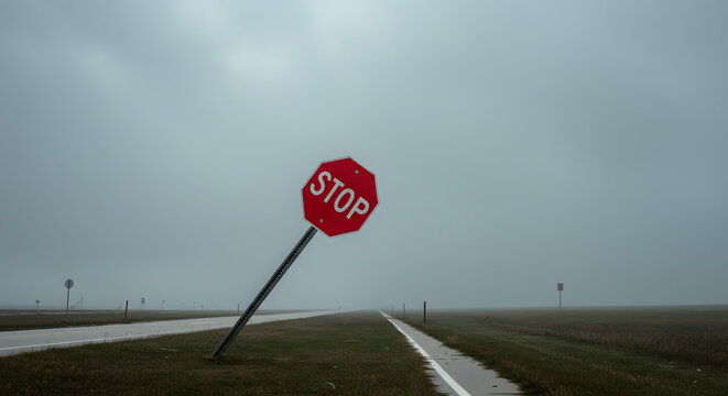 Bent stop sign leaning sideways in foggy rural landscape  