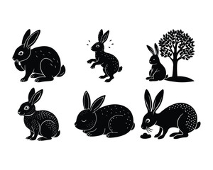 bunny sitting, hopping, jumping, eating, outline vector illustration, pet animal clipart, wildlife shape, Vector of Easter rabbit silhouette vector set 