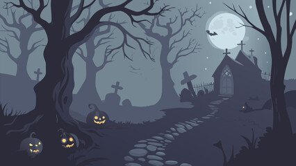 Spooky Graveyard Halloween Background with Haunted Church and Full Moon