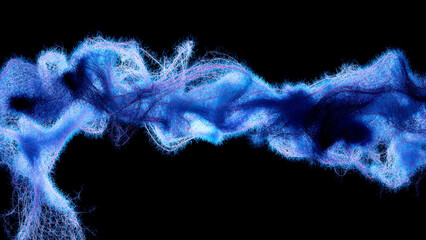 3d render of abstract art with surreal textile drape in fluffy wool material in deformation transformation process in curved waved lines forms in purple and blue gradient color on black back 