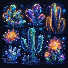Glowing Cactus Plants and Flowers on Dark Background with Sparkle Effects