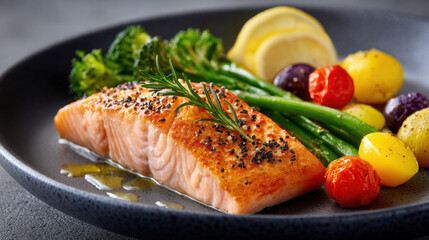 Personalized nutrition for skin health with grilled salmon fillet, fresh vegetables, and vibrant colors on black plate