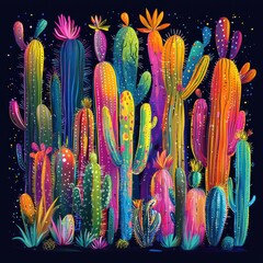 Vibrant Cactus Garden with Blooming Flowers and Colorful Art Style