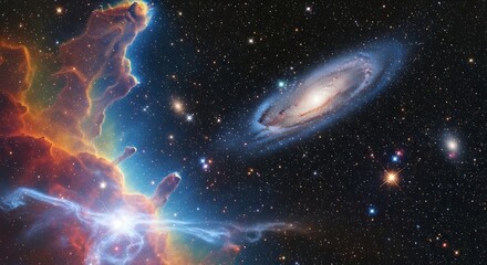 Cosmic Nebula and Spiral Galaxy in Deep Space.