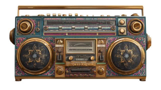 Retro radio boombox portable music player with speakers isolated on white background