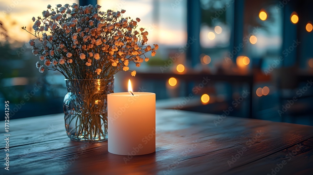 Poster a lit candle and a vase of delicate flowers rest on a wooden table with soft bokeh lights in the bac